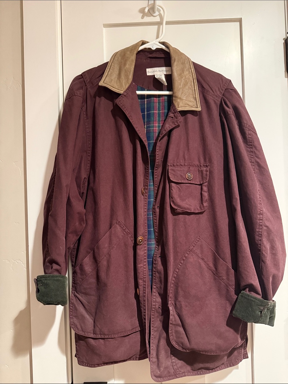 Vintage Banana Republic Men's Maroon Field Jacket with Tan Collar